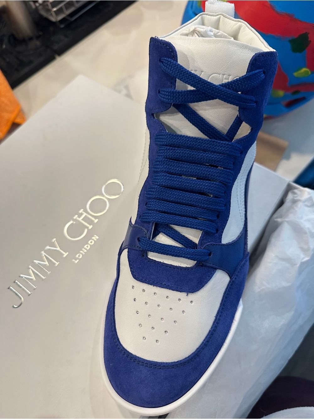 Jimmy Choo Blue and White High-Top Suede Sneaker